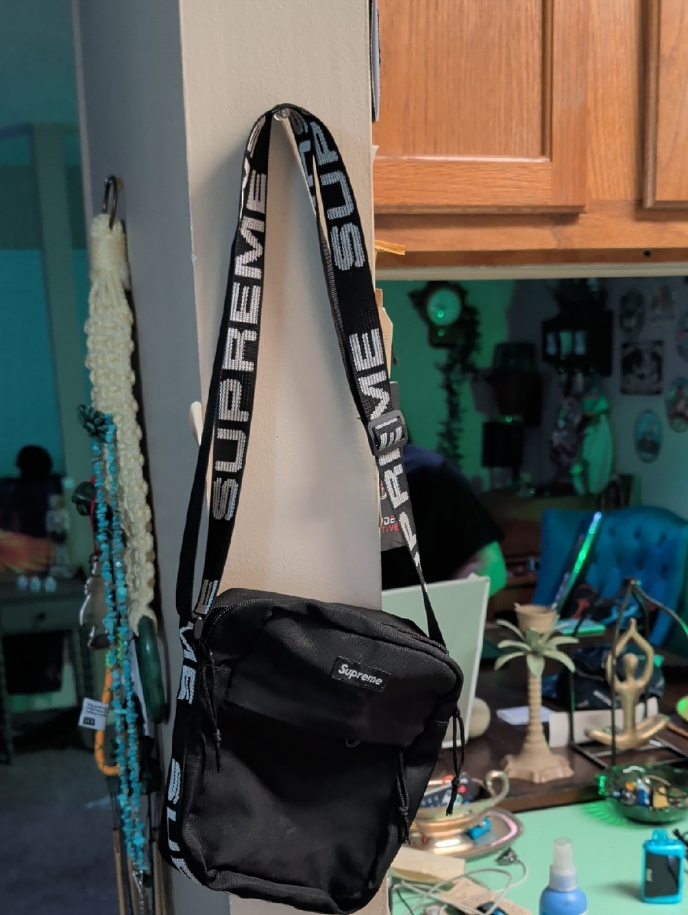 Supreme Black Crossbody Shoulder Bag with Branded Strap